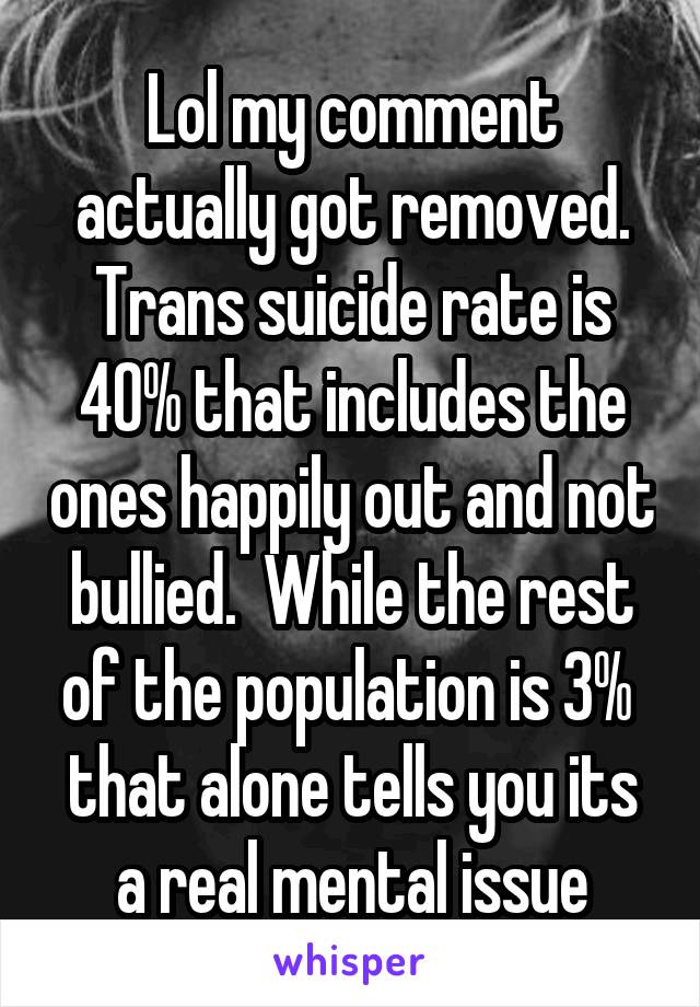 Lol my comment actually got removed. Trans suicide rate is 40% that includes the ones happily out and not bullied.  While the rest of the population is 3%  that alone tells you its a real mental issue