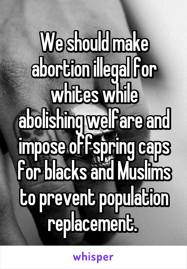 We should make abortion illegal for whites while
abolishing welfare and impose offspring caps for blacks and Muslims to prevent population replacement. 