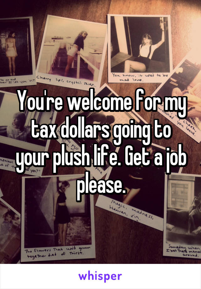You're welcome for my tax dollars going to your plush life. Get a job please.