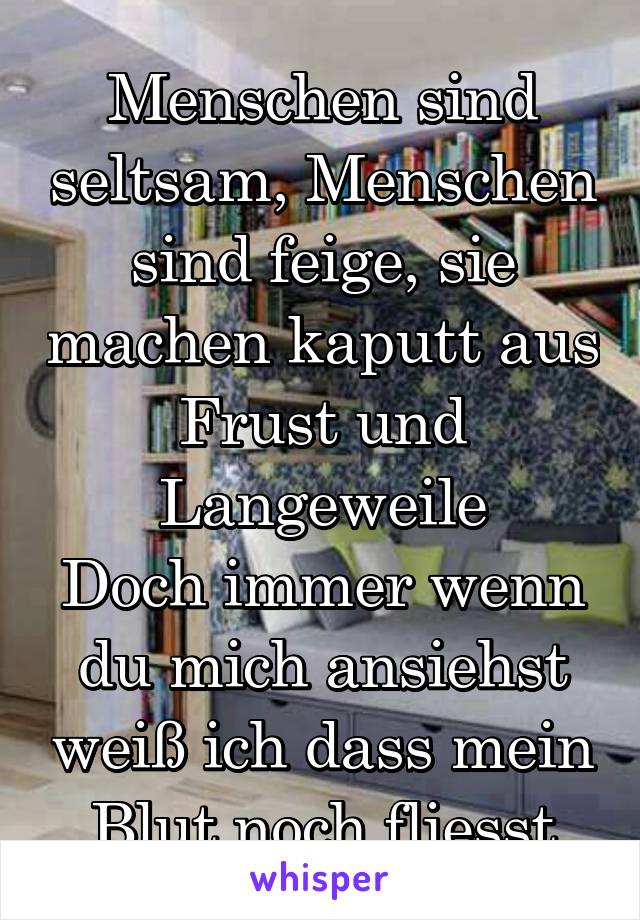 Menschen sind seltsam, Menschen sind feige, sie machen kaputt aus Frust und Langeweile
Doch immer wenn du mich ansiehst weiß ich dass mein Blut noch fliesst