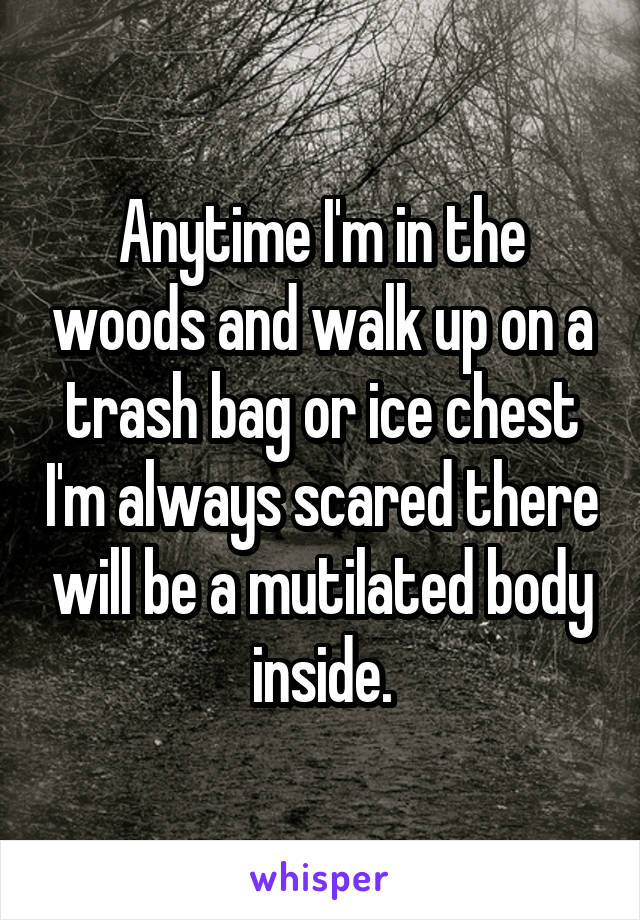 Anytime I'm in the woods and walk up on a trash bag or ice chest I'm always scared there will be a mutilated body inside.