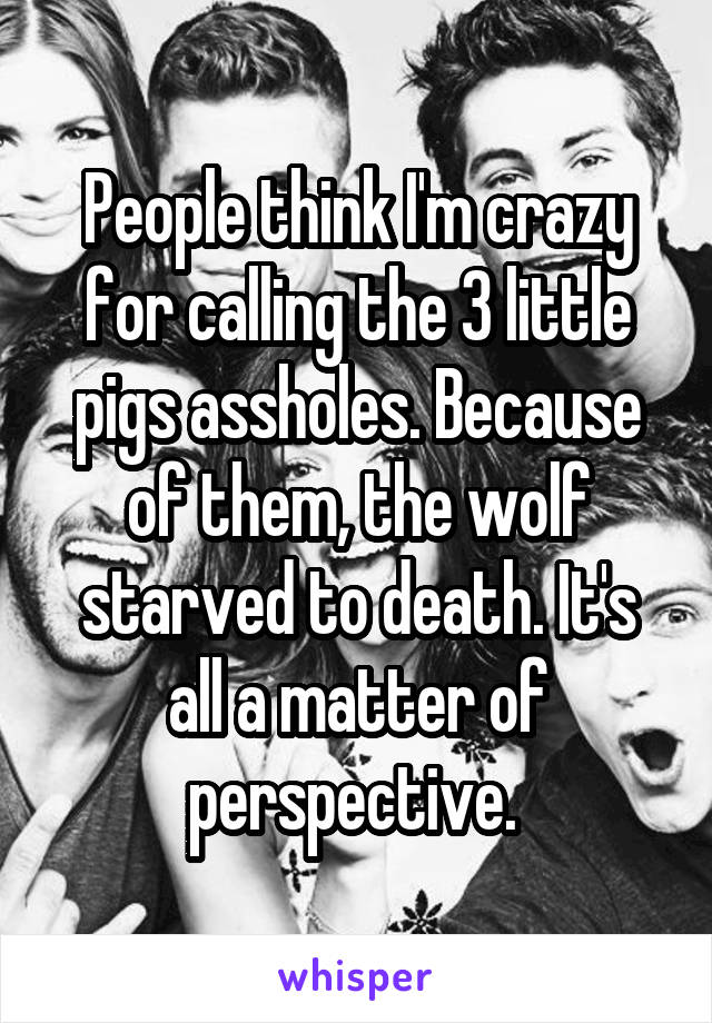 People think I'm crazy for calling the 3 little pigs assholes. Because of them, the wolf starved to death. It's all a matter of perspective. 
