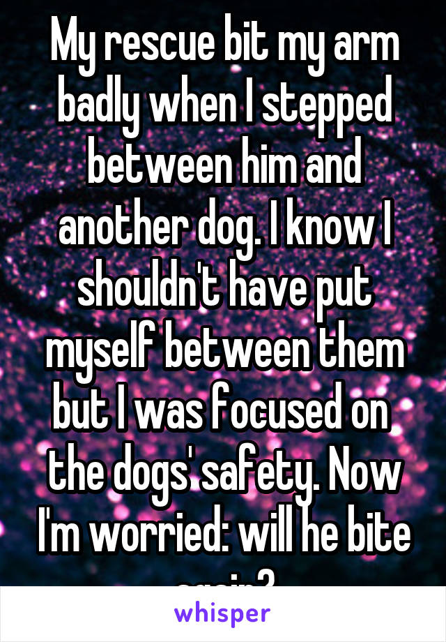 My rescue bit my arm badly when I stepped between him and another dog. I know I shouldn't have put myself between them but I was focused on  the dogs' safety. Now I'm worried: will he bite again?