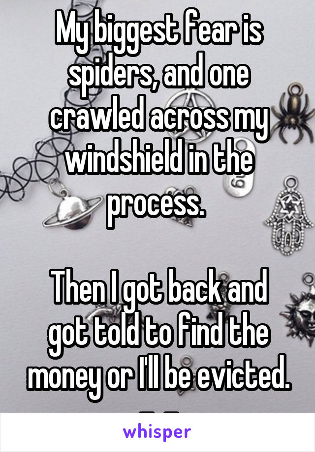 My biggest fear is spiders, and one crawled across my windshield in the process. 

Then I got back and got told to find the money or I'll be evicted. -_-