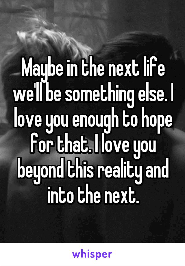 Maybe in the next life we'll be something else. I love you enough to hope for that. I love you beyond this reality and into the next.