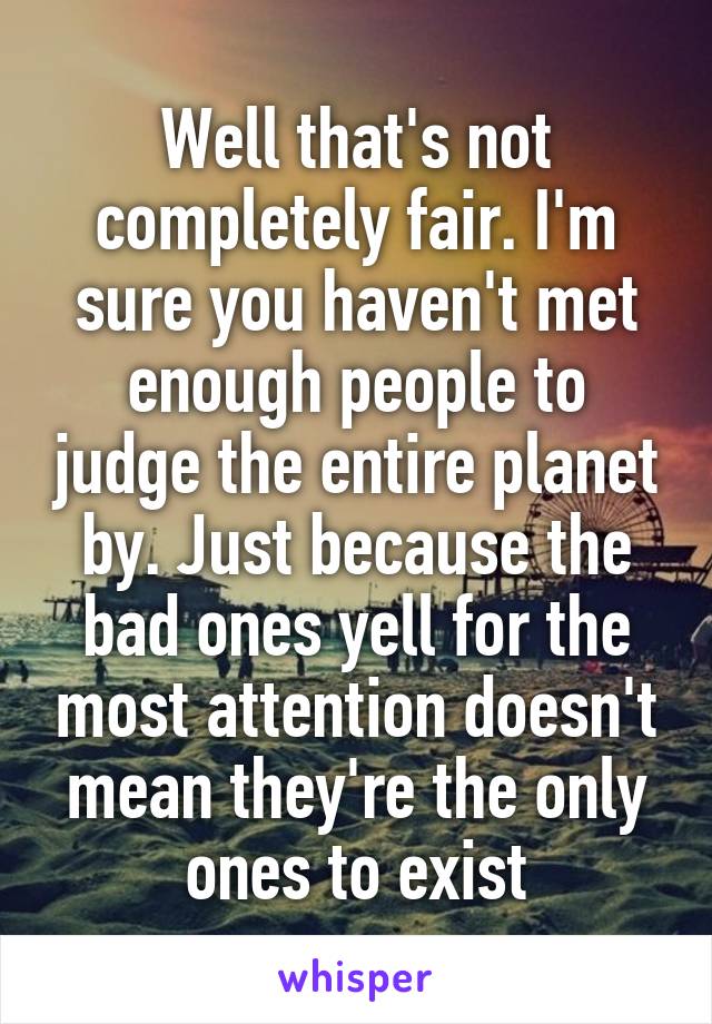 Well that's not completely fair. I'm sure you haven't met enough people to judge the entire planet by. Just because the bad ones yell for the most attention doesn't mean they're the only ones to exist