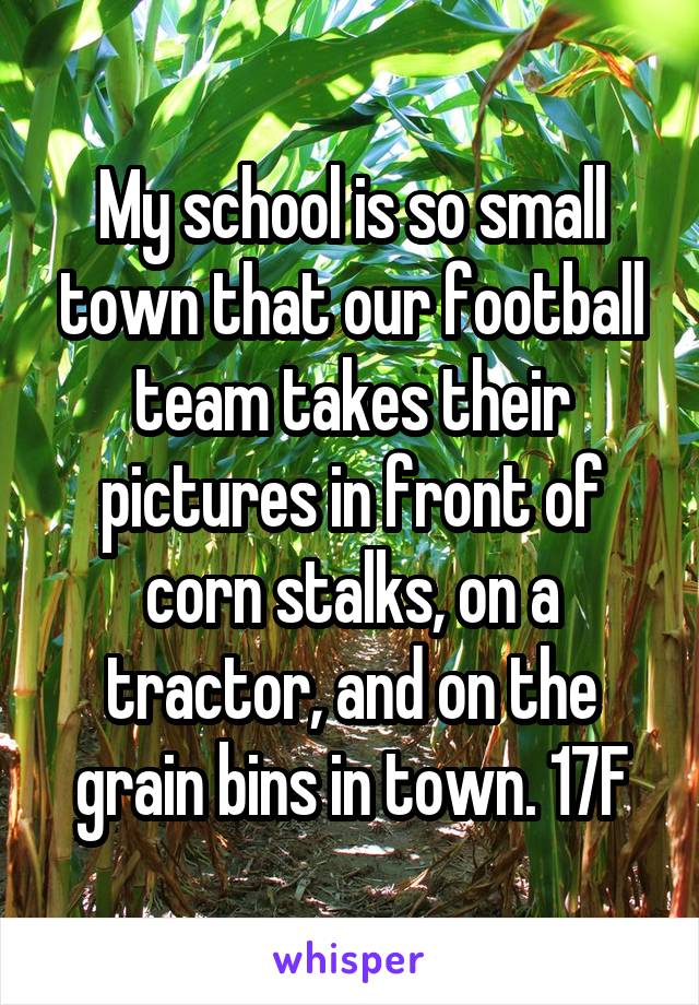 My school is so small town that our football team takes their pictures in front of corn stalks, on a tractor, and on the grain bins in town. 17F