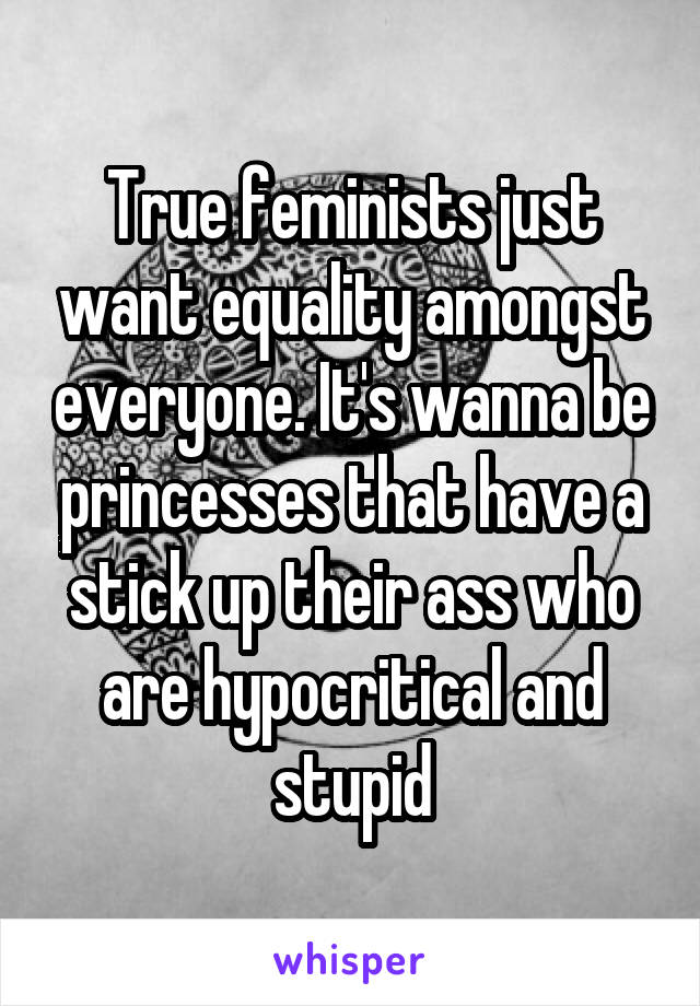 True feminists just want equality amongst everyone. It's wanna be princesses that have a stick up their ass who are hypocritical and stupid