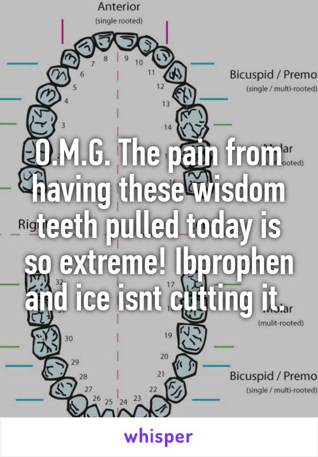 O.M.G. The pain from having these wisdom teeth pulled today is so extreme! Ibprophen and ice isnt cutting it. 