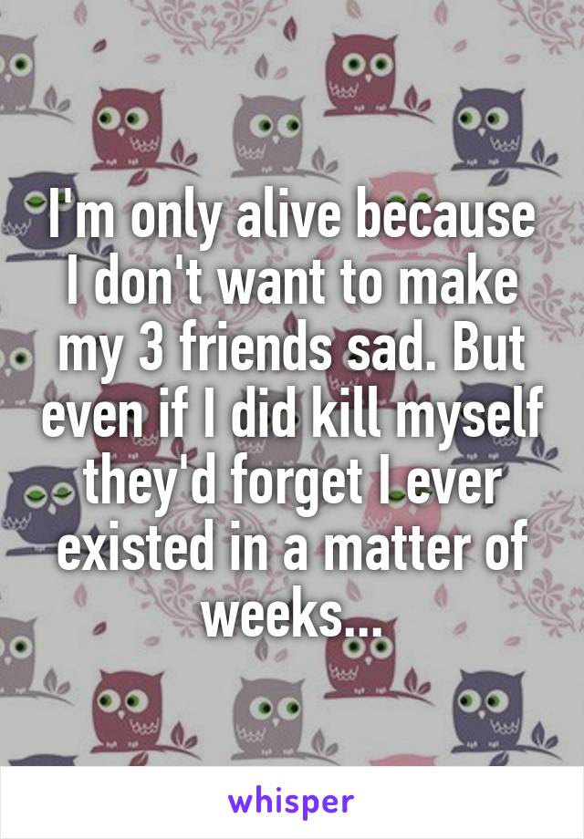 I'm only alive because I don't want to make my 3 friends sad. But even if I did kill myself they'd forget I ever existed in a matter of weeks...