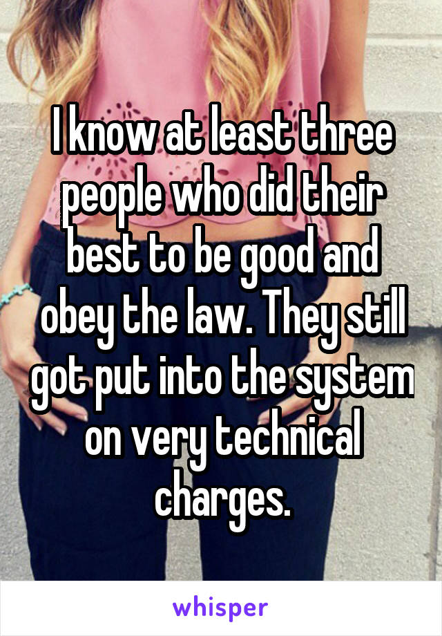 I know at least three people who did their best to be good and obey the law. They still got put into the system on very technical charges.