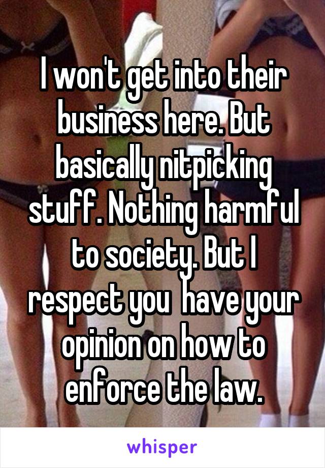 I won't get into their business here. But basically nitpicking stuff. Nothing harmful to society. But I respect you  have your opinion on how to enforce the law.