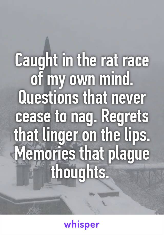 Caught in the rat race of my own mind. Questions that never cease to nag. Regrets that linger on the lips. Memories that plague thoughts. 