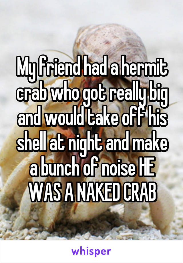 My friend had a hermit crab who got really big and would take off his shell at night and make a bunch of noise HE WAS A NAKED CRAB