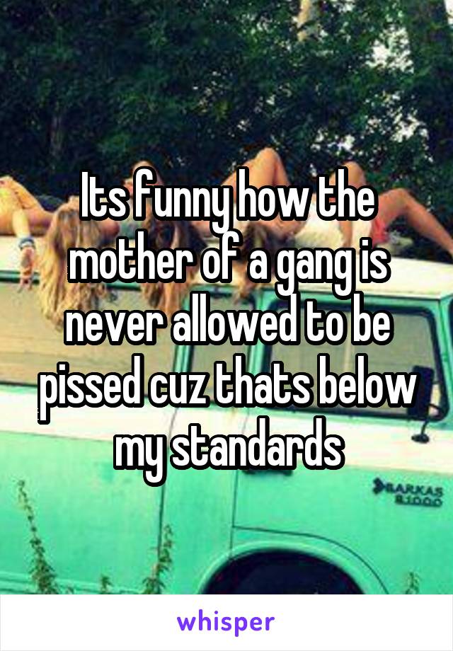 Its funny how the mother of a gang is never allowed to be pissed cuz thats below my standards