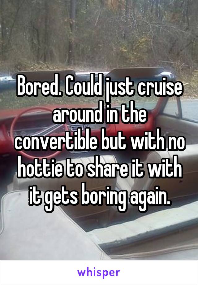 Bored. Could just cruise around in the convertible but with no hottie to share it with it gets boring again.