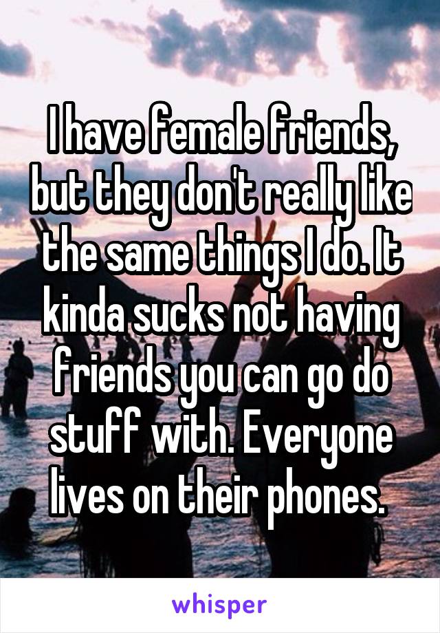 I have female friends, but they don't really like the same things I do. It kinda sucks not having friends you can go do stuff with. Everyone lives on their phones. 