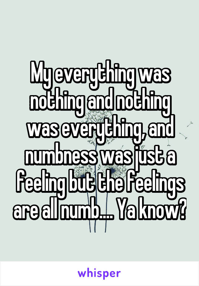 My everything was nothing and nothing was everything, and numbness was just a feeling but the feelings are all numb.... Ya know?