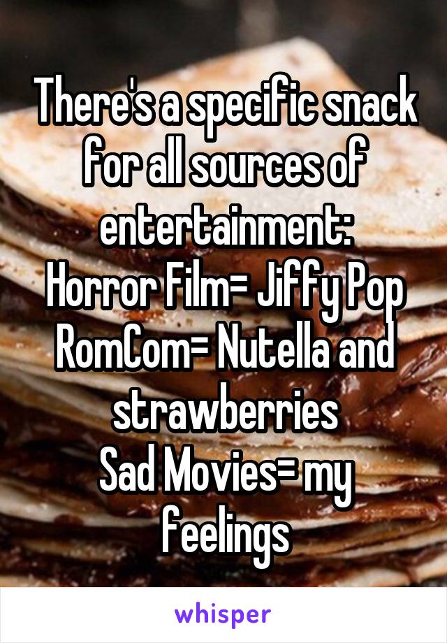 There's a specific snack for all sources of entertainment:
Horror Film= Jiffy Pop
RomCom= Nutella and strawberries
Sad Movies= my feelings