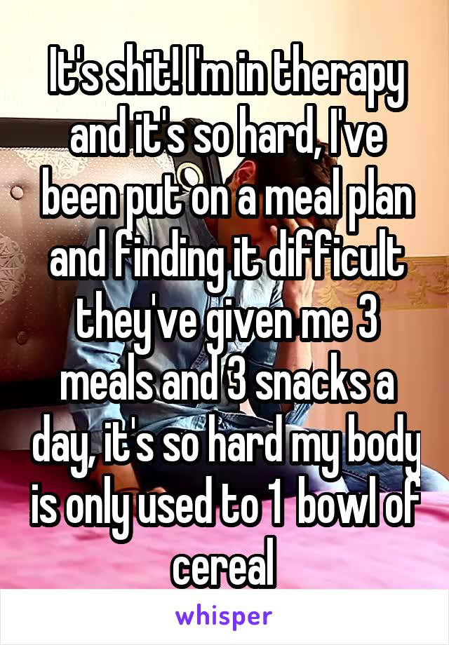 It's shit! I'm in therapy and it's so hard, I've been put on a meal plan and finding it difficult they've given me 3 meals and 3 snacks a day, it's so hard my body is only used to 1  bowl of cereal 