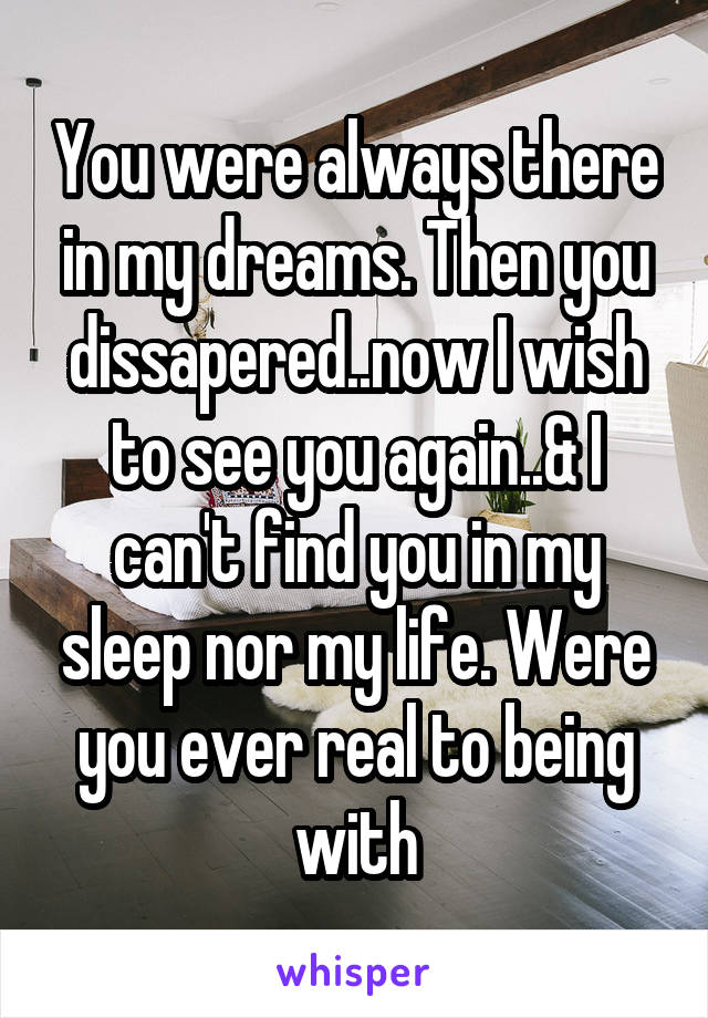 You were always there in my dreams. Then you dissapered..now I wish to see you again..& I can't find you in my sleep nor my life. Were you ever real to being with