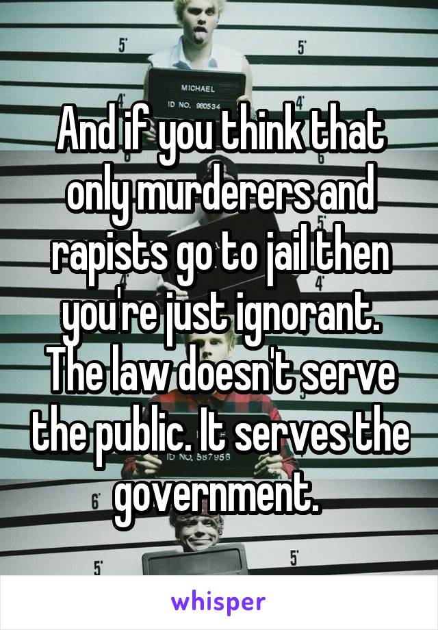 And if you think that only murderers and rapists go to jail then you're just ignorant. The law doesn't serve the public. It serves the government. 