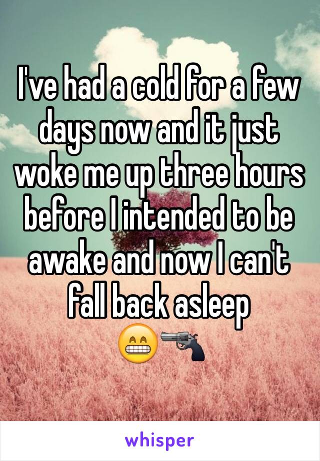 I've had a cold for a few days now and it just woke me up three hours before I intended to be awake and now I can't fall back asleep
😁🔫