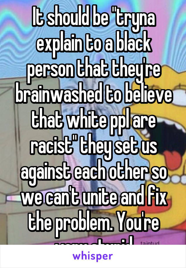 It should be "tryna explain to a black person that they're brainwashed to believe that white ppl are racist" they set us against each other so we can't unite and fix the problem. You're very stupid