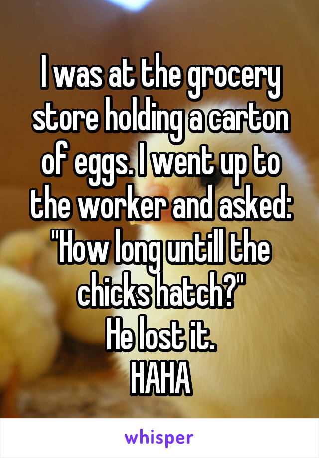 I was at the grocery store holding a carton of eggs. I went up to the worker and asked:
"How long untill the chicks hatch?"
He lost it.
HAHA