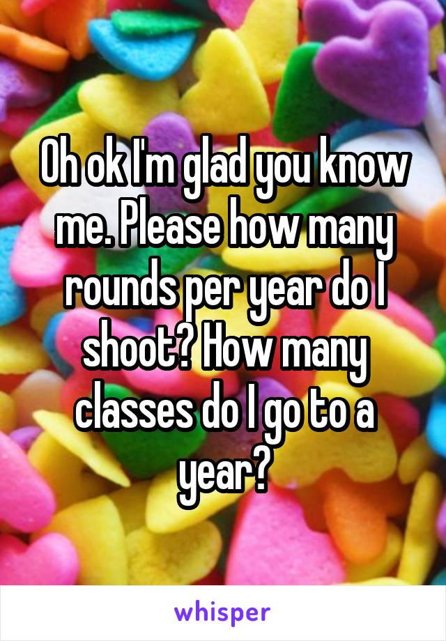 Oh ok I'm glad you know me. Please how many rounds per year do I shoot? How many classes do I go to a year?