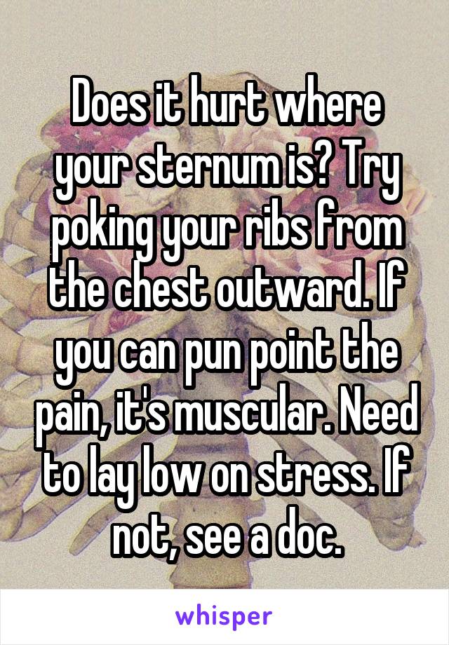 Does it hurt where your sternum is? Try poking your ribs from the chest outward. If you can pun point the pain, it's muscular. Need to lay low on stress. If not, see a doc.