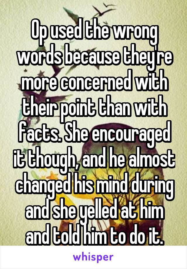 Op used the wrong words because they're more concerned with their point than with facts. She encouraged it though, and he almost changed his mind during and she yelled at him and told him to do it.