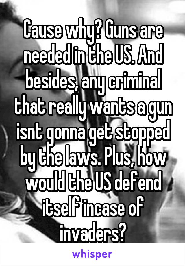 Cause why? Guns are needed in the US. And besides, any criminal that really wants a gun isnt gonna get stopped by the laws. Plus, how would the US defend itself incase of invaders?