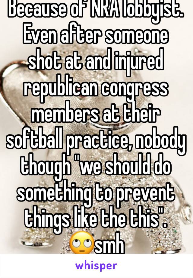 Because of NRA lobbyist.
Even after someone shot at and injured republican congress members at their softball practice, nobody though "we should do something to prevent things like the this".    🙄smh