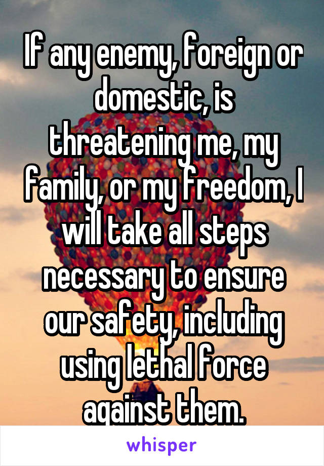 If any enemy, foreign or domestic, is threatening me, my family, or my freedom, I will take all steps necessary to ensure our safety, including using lethal force against them.