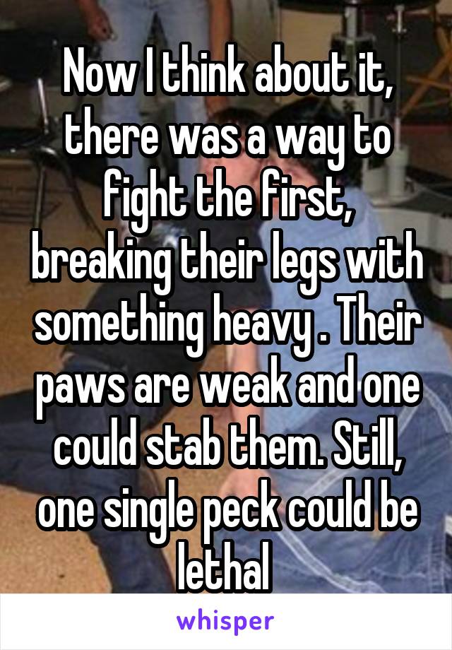 Now I think about it, there was a way to fight the first, breaking their legs with something heavy . Their paws are weak and one could stab them. Still, one single peck could be lethal 