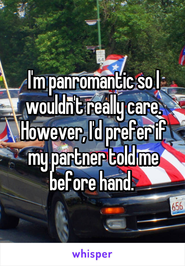 I'm panromantic so I wouldn't really care. However, I'd prefer if my partner told me before hand. 