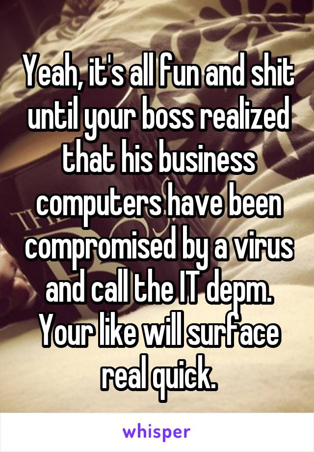 Yeah, it's all fun and shit until your boss realized that his business computers have been compromised by a virus and call the IT depm. Your like will surface real quick.