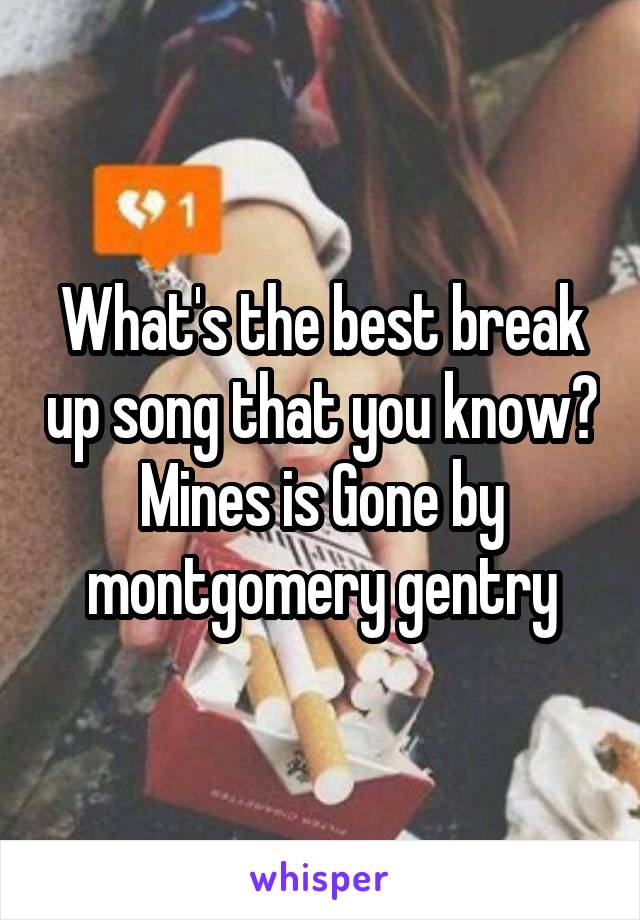 What's the best break up song that you know?
Mines is Gone by montgomery gentry