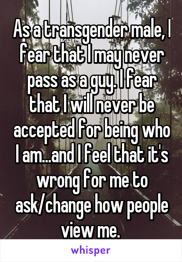 As a transgender male, I fear that I may never pass as a guy. I fear that I will never be accepted for being who I am...and I feel that it's wrong for me to ask/change how people view me. 