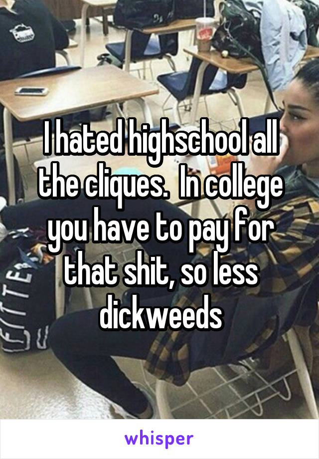 I hated highschool all the cliques.  In college you have to pay for that shit, so less dickweeds