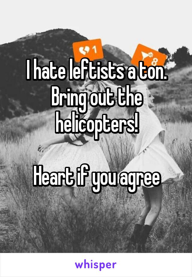 I hate leftists a ton. Bring out the helicopters!

Heart if you agree
