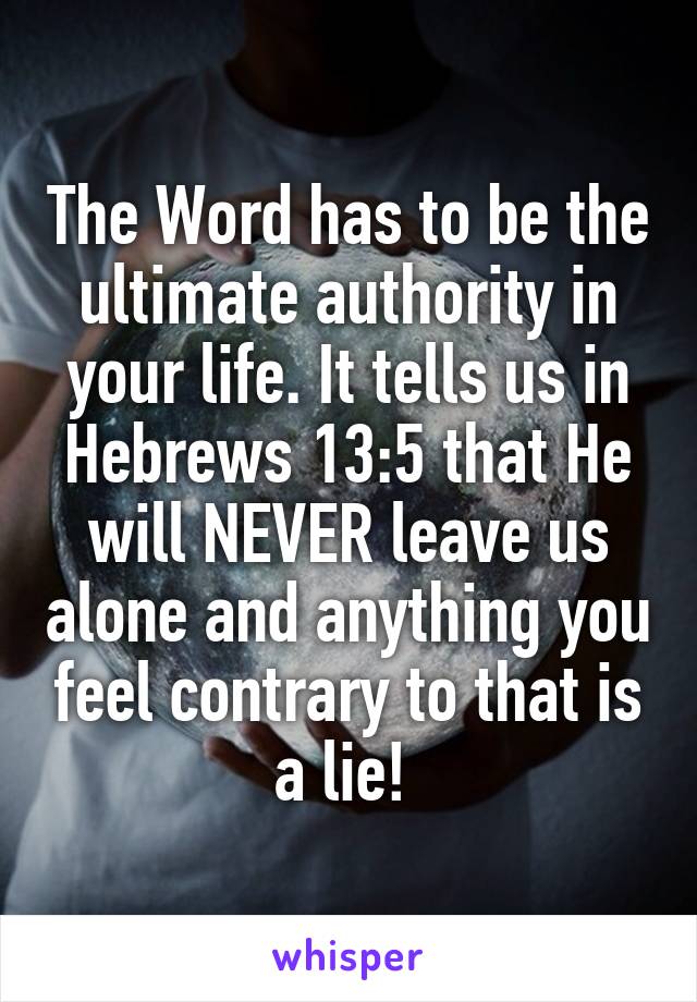 The Word has to be the ultimate authority in your life. It tells us in Hebrews 13:5 that He will NEVER leave us alone and anything you feel contrary to that is a lie! 