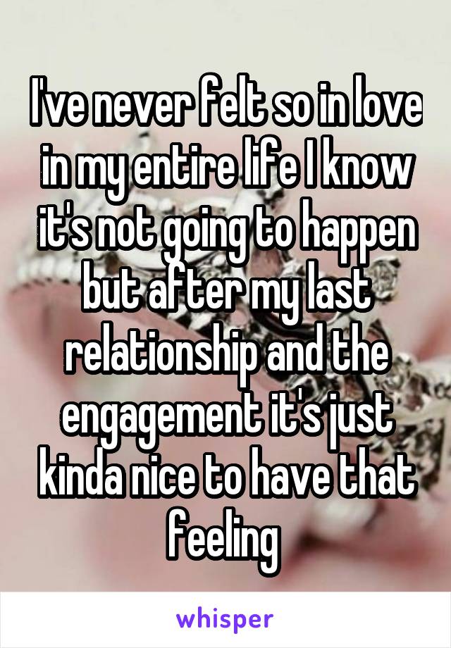 I've never felt so in love in my entire life I know it's not going to happen but after my last relationship and the engagement it's just kinda nice to have that feeling 