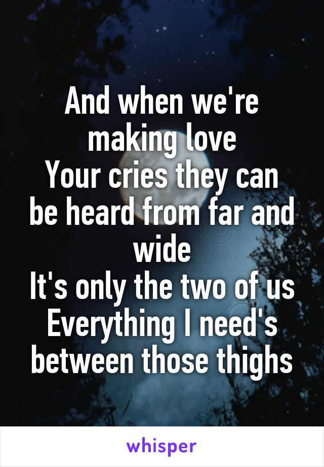 And when we're making love
Your cries they can be heard from far and wide
It's only the two of us
Everything I need's between those thighs