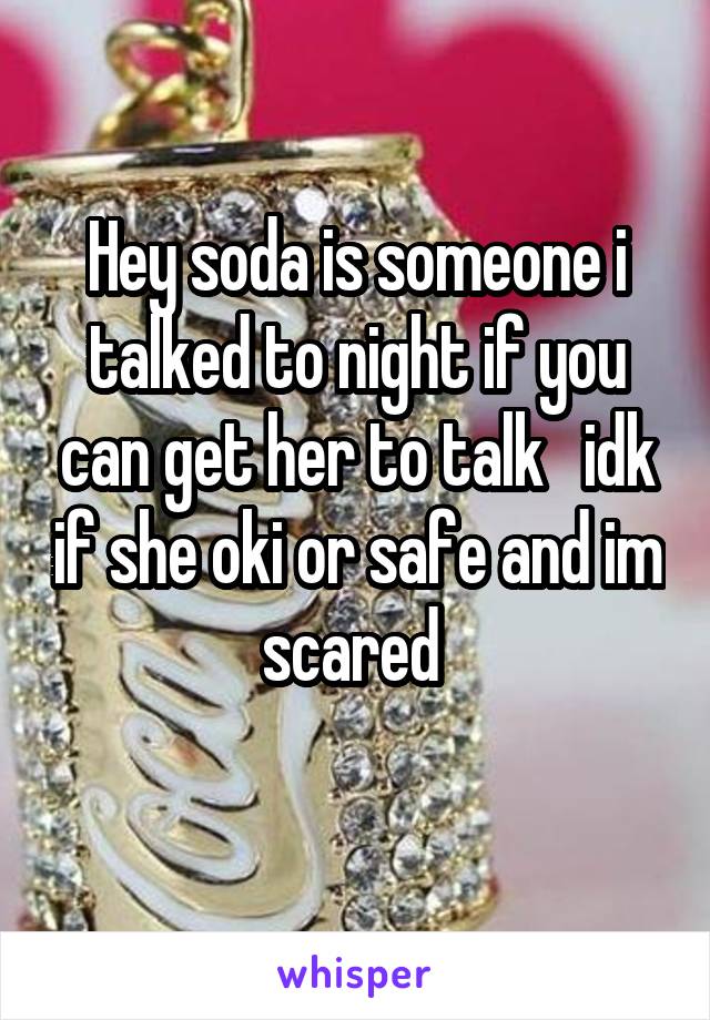 Hey soda is someone i talked to night if you can get her to talk   idk if she oki or safe and im scared 
