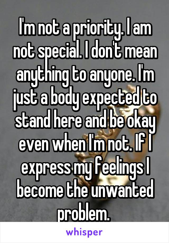 I'm not a priority. I am not special. I don't mean anything to anyone. I'm just a body expected to stand here and be okay even when I'm not. If I express my feelings I become the unwanted problem. 