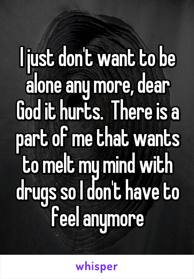 I just don't want to be alone any more, dear God it hurts.  There is a part of me that wants to melt my mind with drugs so I don't have to feel anymore