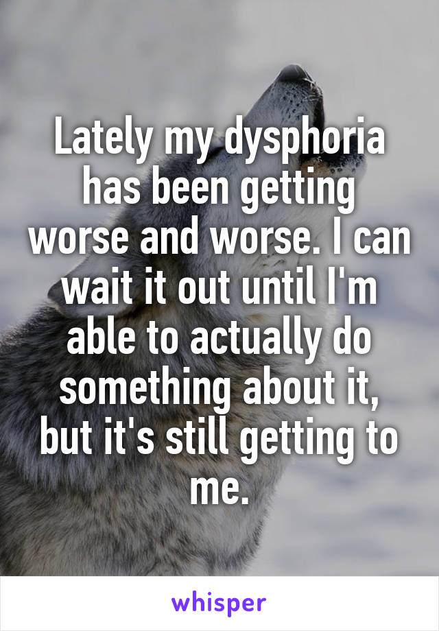 Lately my dysphoria has been getting worse and worse. I can wait it out until I'm able to actually do something about it, but it's still getting to me.