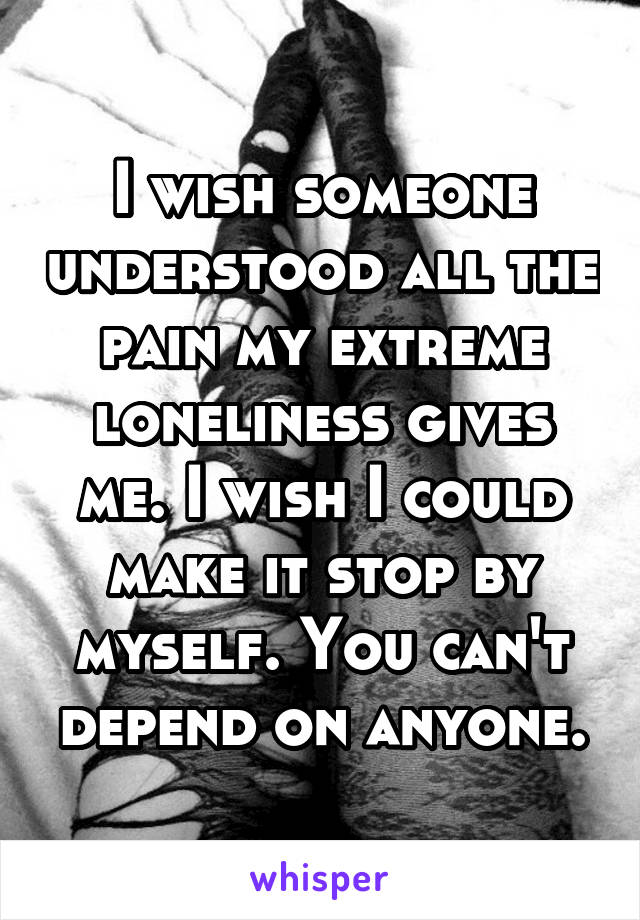 I wish someone understood all the pain my extreme loneliness gives me. I wish I could make it stop by myself. You can't depend on anyone.